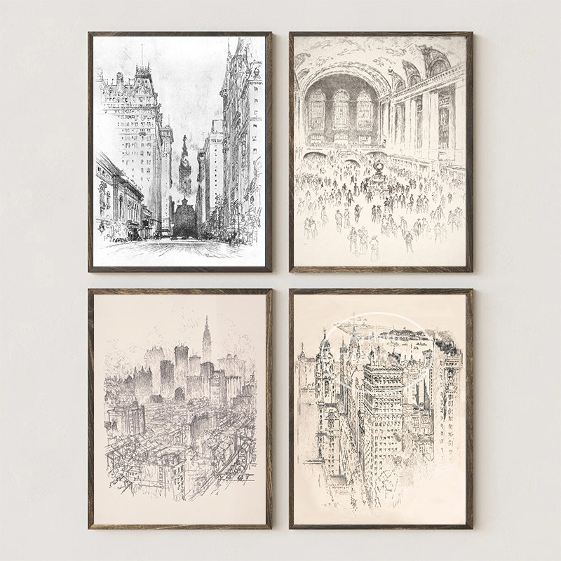 ♠Vintage New York City Skyline Skyscraper Pencil Sketch Drawing Antique ...