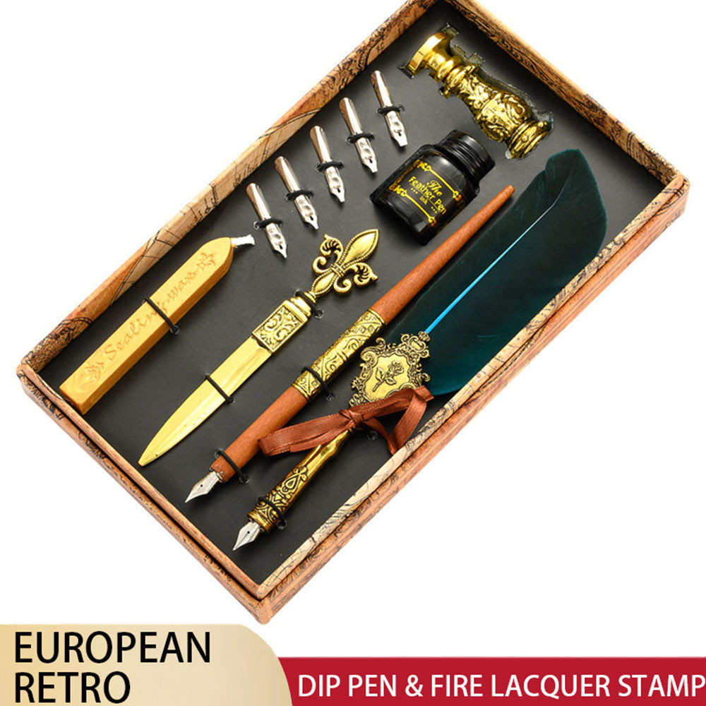 ️Vintage Calligraphy Feather Dip Pen with 5 Nib Ink Wax Stick Kit Gift ...