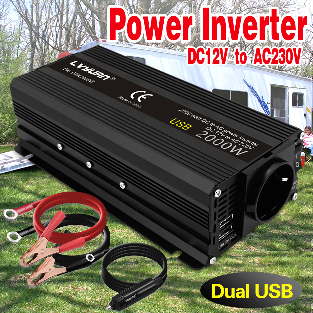♚Inverter 12V 220V 2000W Peak Power Car Inverter 2 USB EU AC Outlets ...