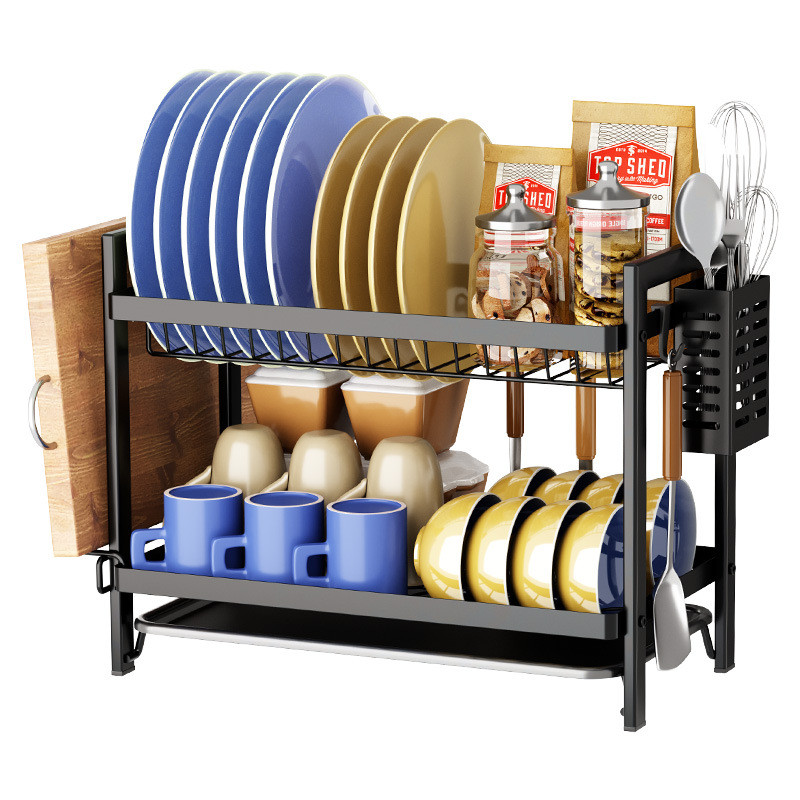 ~2-Tier Gold Dish Drying Rack Bowl Plate Drainer with Drainboard ...