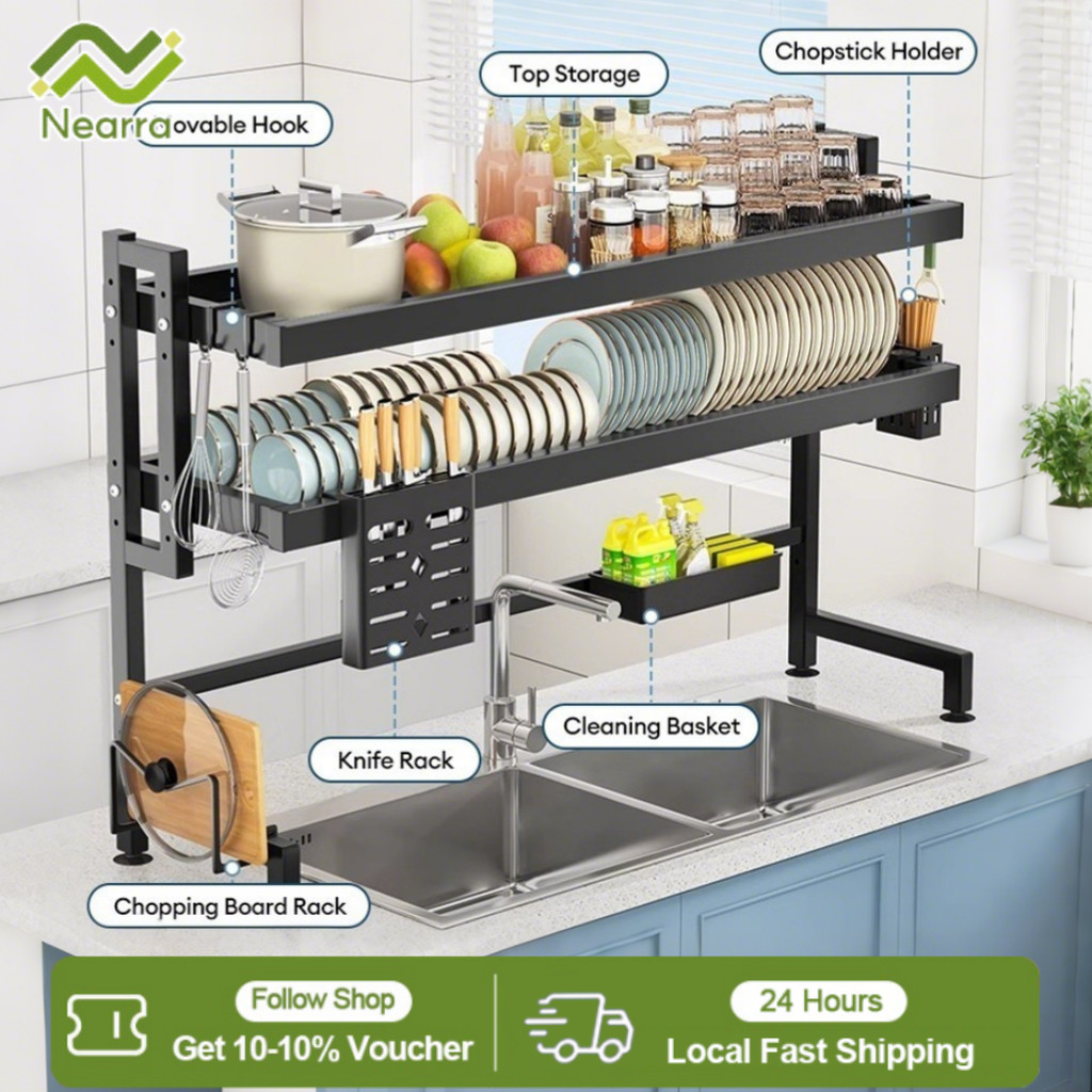Nearra 2 Layers Metallic Dustproof Dish Rack Drain Rack Multi ...