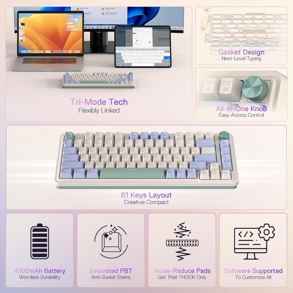 Redragon K673 PRO 75% Wireless Gasket RGB Gaming Keyboard, 3-Modes 81 ...