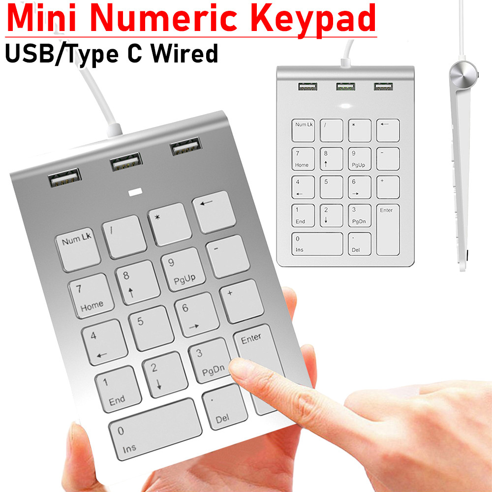 USB/Type C Wired Number Keypad with 3 USB 2.0 Port Hub 18 Keys Digital ...