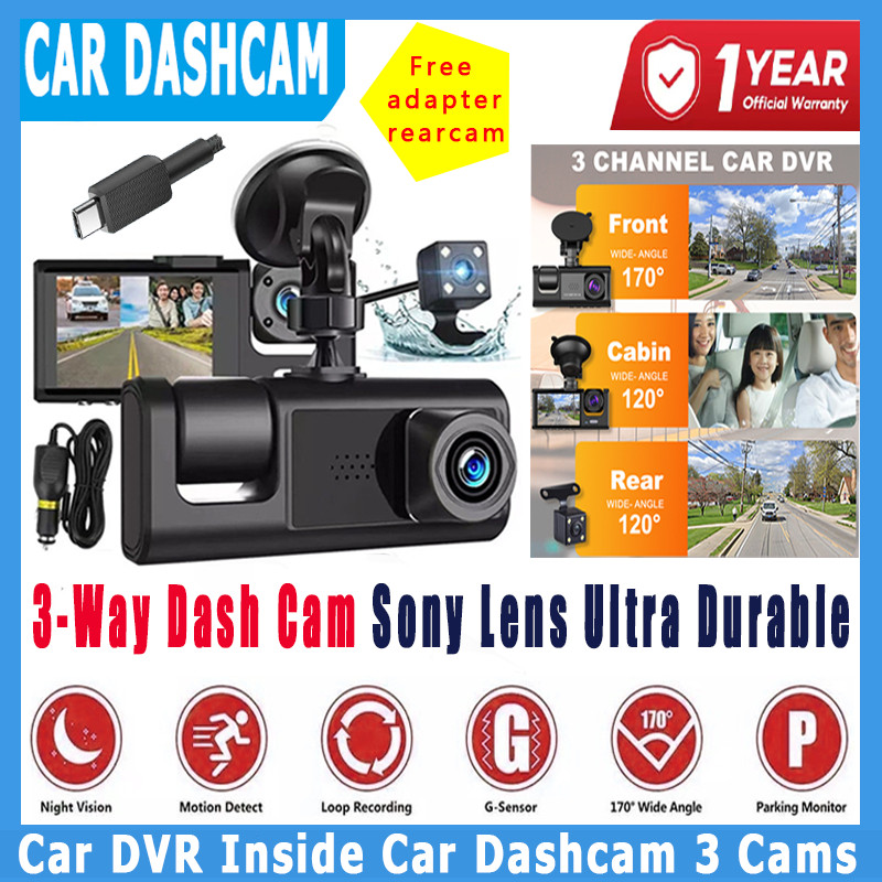 3 Way Dash Camera with Night Vision 360 Type-C Charging Port 1080P ...