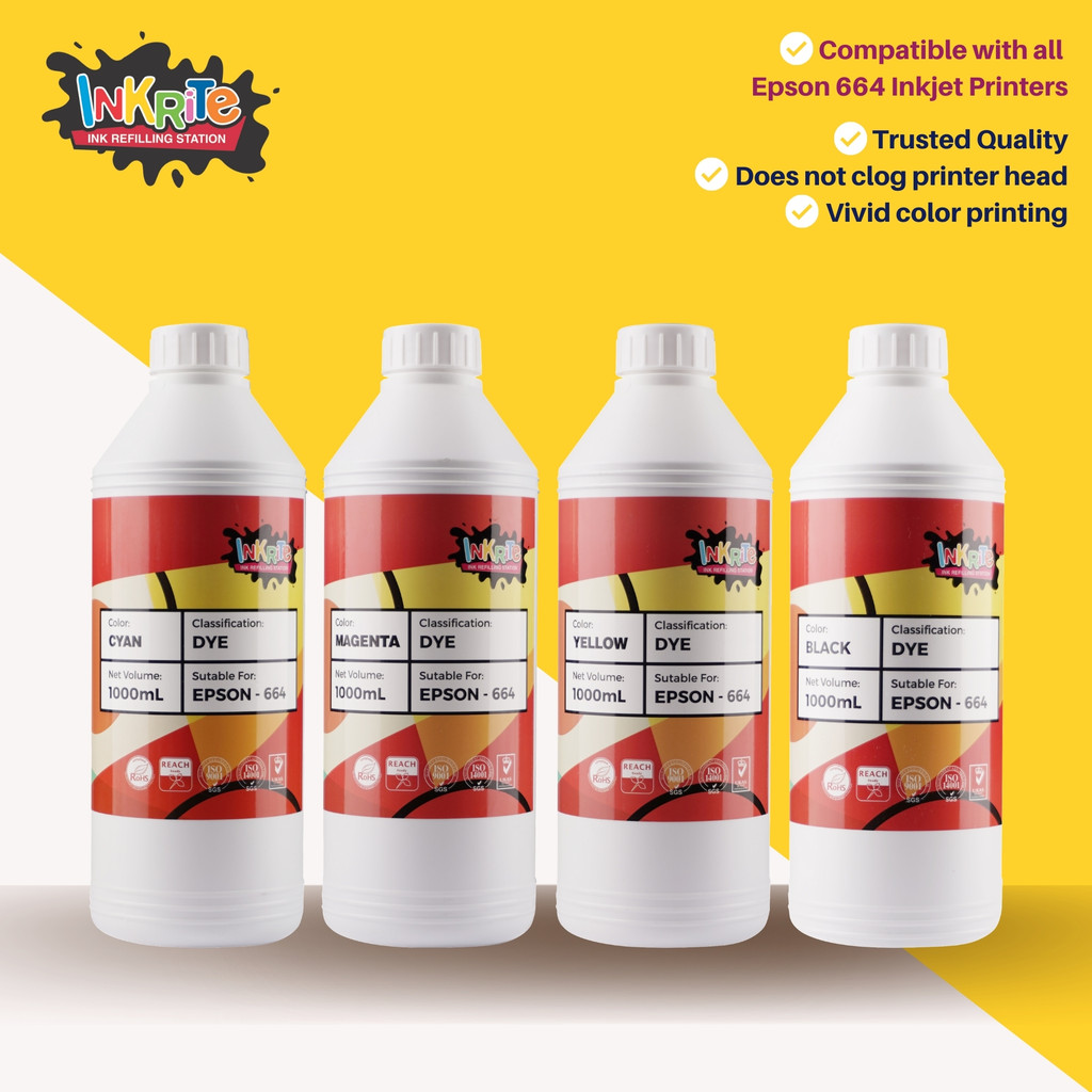 Inkrite Ink for Epson LSeries 664 Inkjet Printers, 1000 ml Shopee