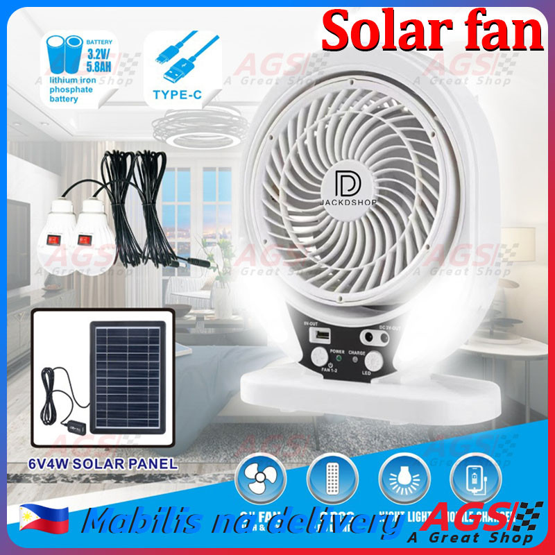 6-Inch Solar Fan With Light USB Reachargeable Built-in Battery Large ...