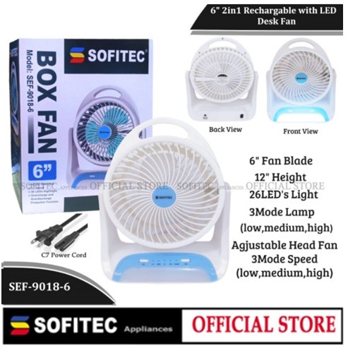 Sofitec 2in1 Portable Electric Fan 6'' AC/DC Rechargeable Fan with Led ...