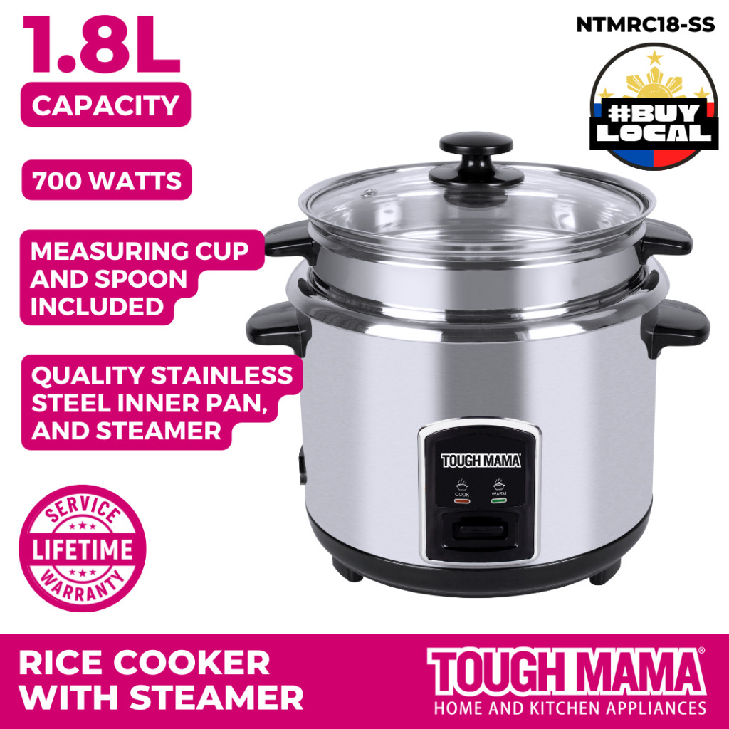 Tough Mama NTMRC-SS Stainless Steel Rice Cooker 1L/1.8L with Steamer ...