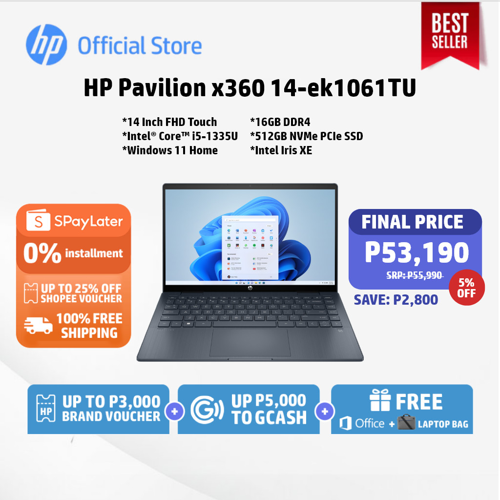 HP Laptop Pavilion X360 14 inch Intel i5 8GB/16GB 512GB Yr wty  FREE MS Office Bag