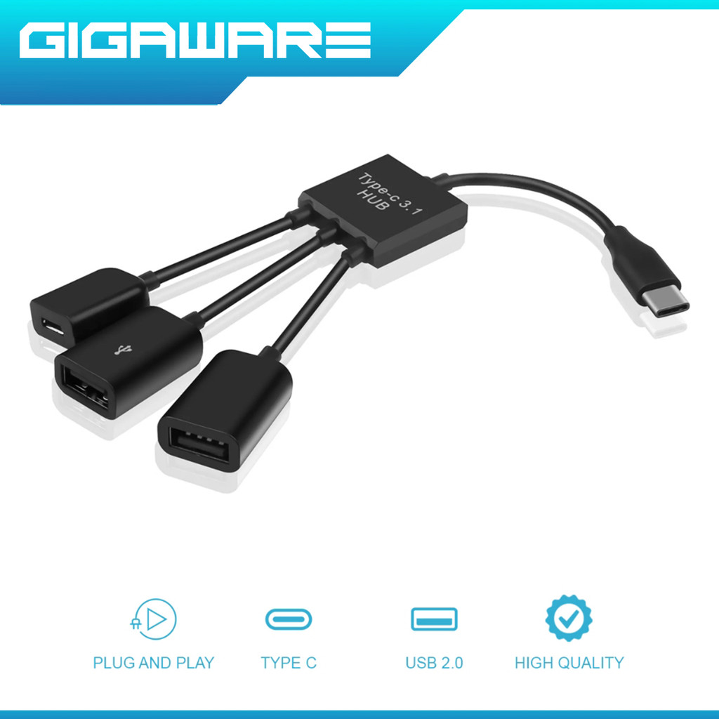 3 in 1 Type C HUB Male to Female Double USB 2.0 + Female Micro USB Hub ...