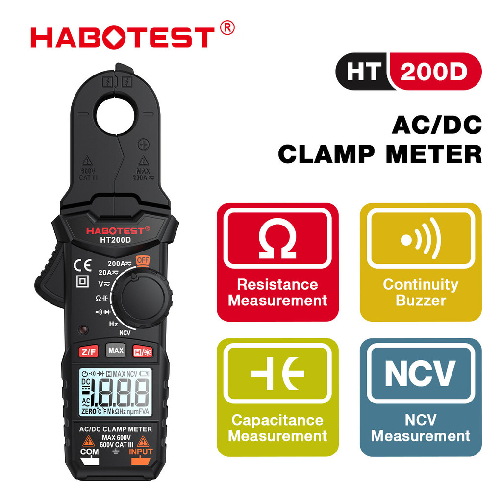 HABOTEST HT200D Digital Clamp Meter Multimeter 200A AC/DC Current and