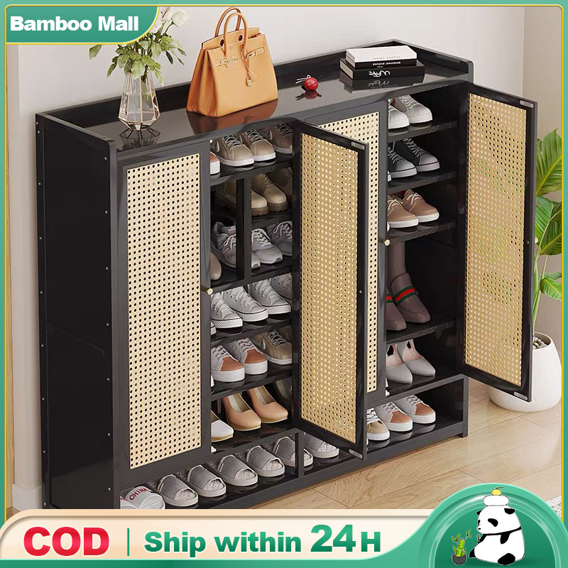 Bamboo shoe cabinet Flip door rattan woven shoe cabinet 2/3/4 door ...