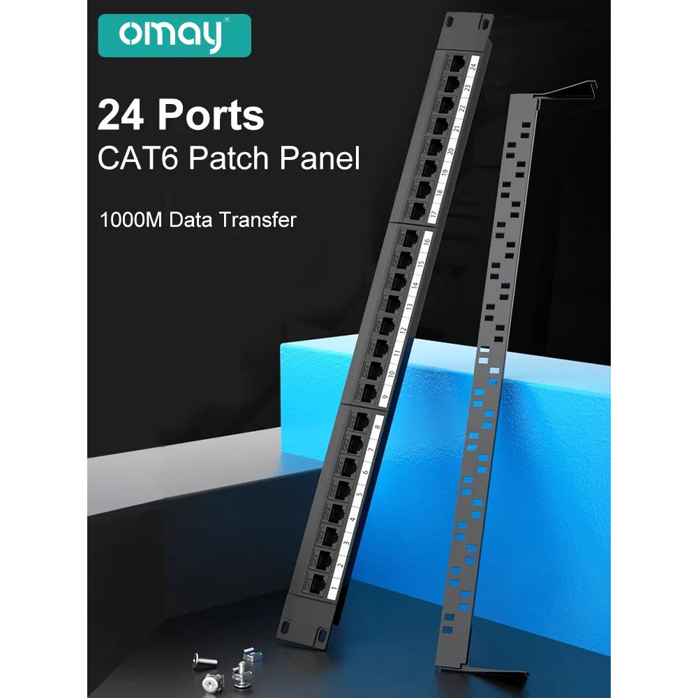 OMAY 19Inch 1U 24 Port CAT6 Patch Panel Cabinet Rack Pass-Through RJ45 ...