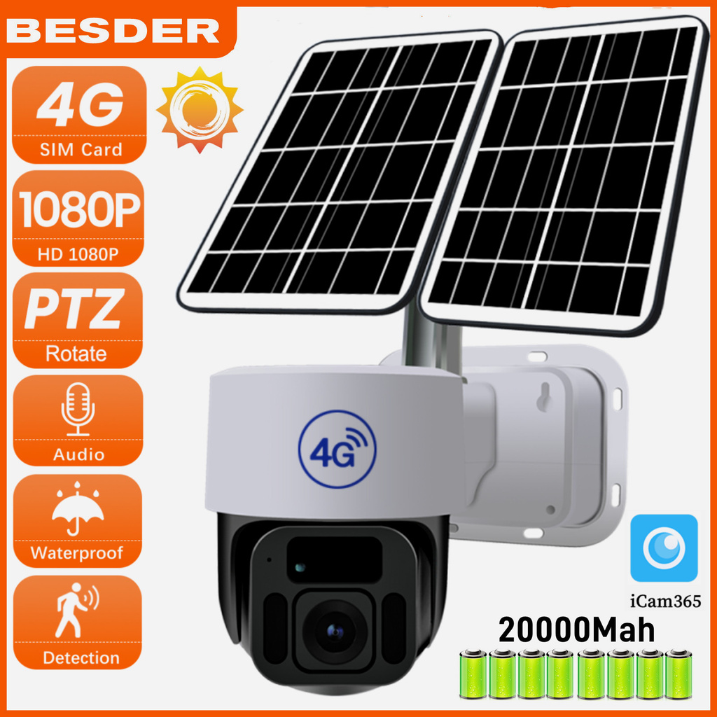 BESDER 1080P Solar Camera 4G/WiFi Camera SIM Card PTZ 24H Video ...