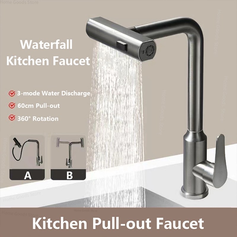 3 Mode Kitchen Faucets Pull Out Rotation Waterfall Stream Sprayer Head ...