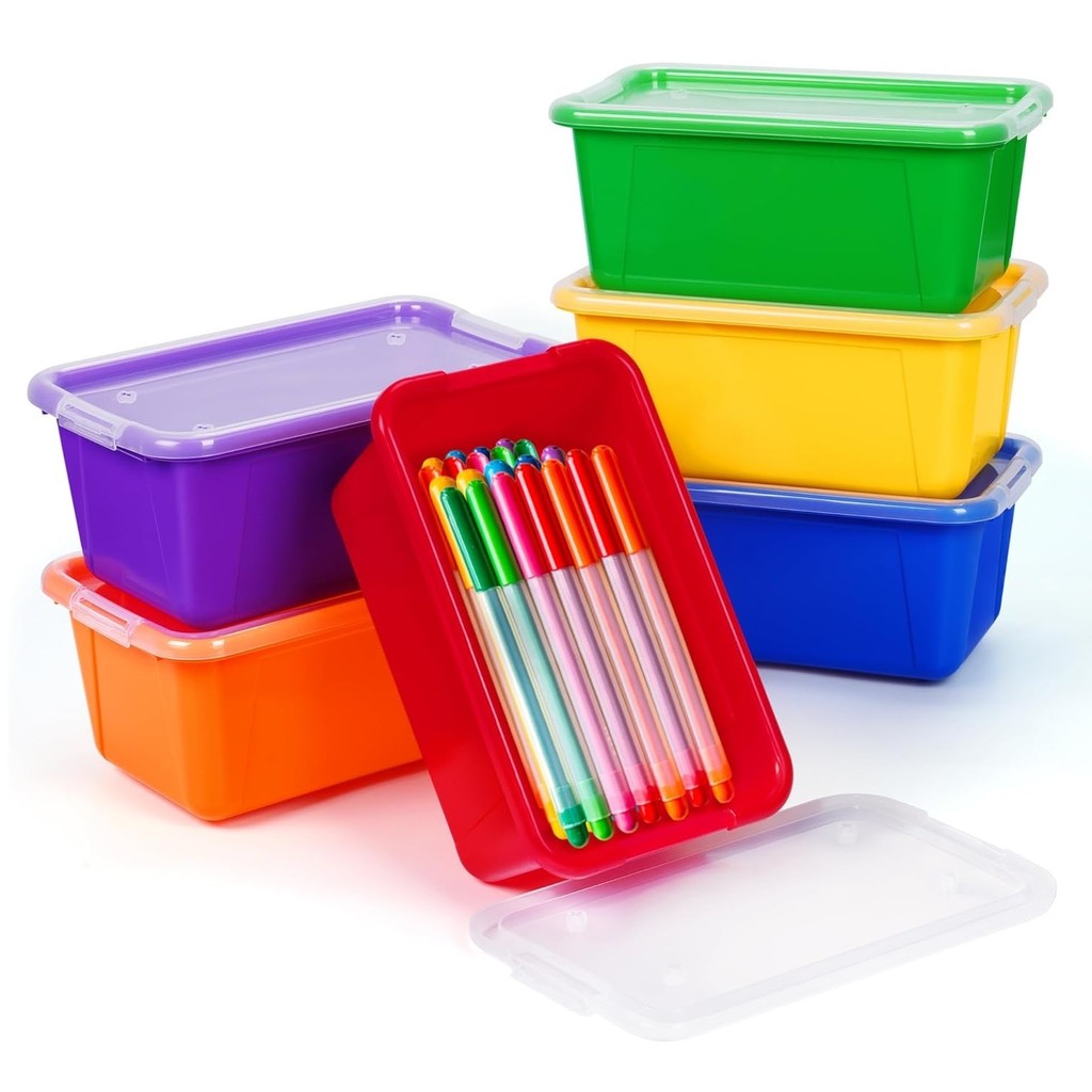 6 Colored Plastic Storage Bins, Small Cubby Bins with Lids, Toy Storage