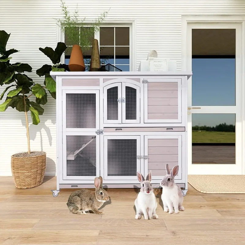 Rabbit Cage Indoor Outdoor Rabbit Hutch on Wheels Wooden Bunny Cage 2 ...