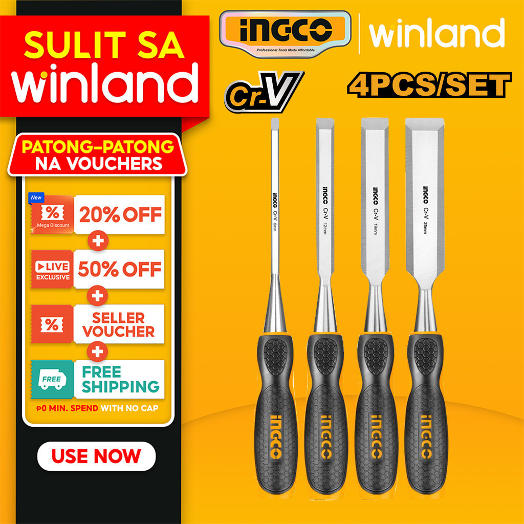 Ingco by Winland 4PCS/SET Industrial Wood Carving Hand Chisel Set Cr-V ...