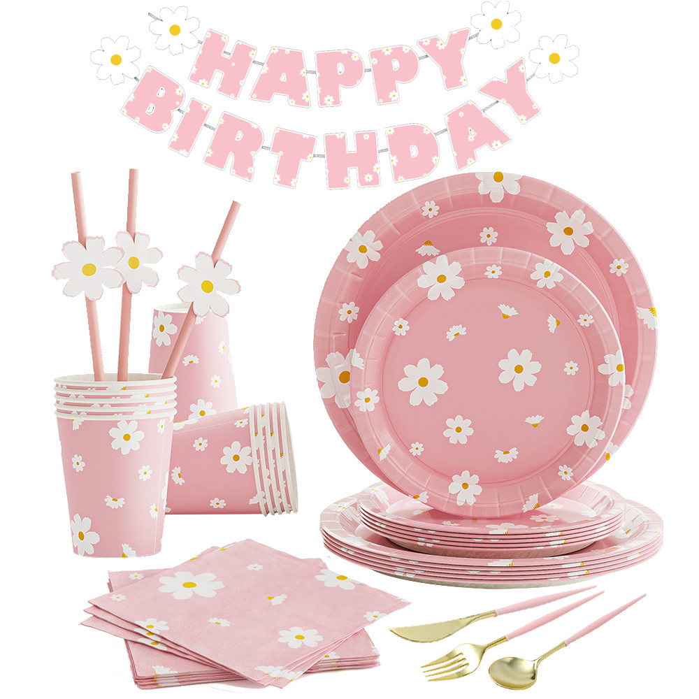 Daisy Themed Birthday Party Decor Pink Disposable Tableware Daisy Paper ...