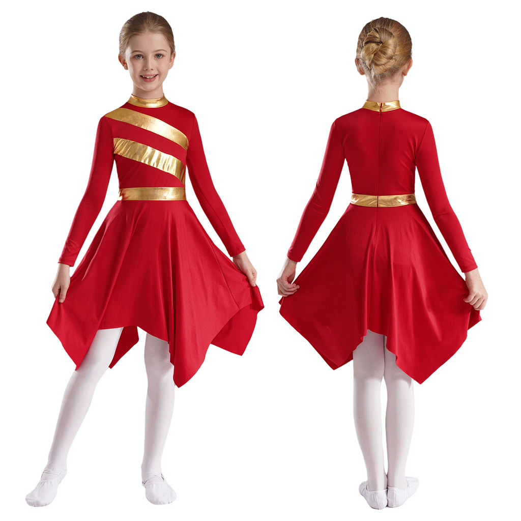Mufeng Kids Girls Sparkle Metallic Gold Liturgical Praise Dance Dress Worship Costume Lyrical Dancewear Royal Blue 6