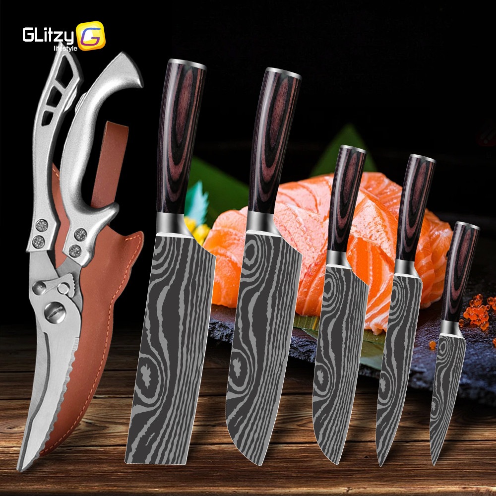A Kitchen Knife Damascus Laser Japanese Chef Knives Scissors Set 7CR17 ...