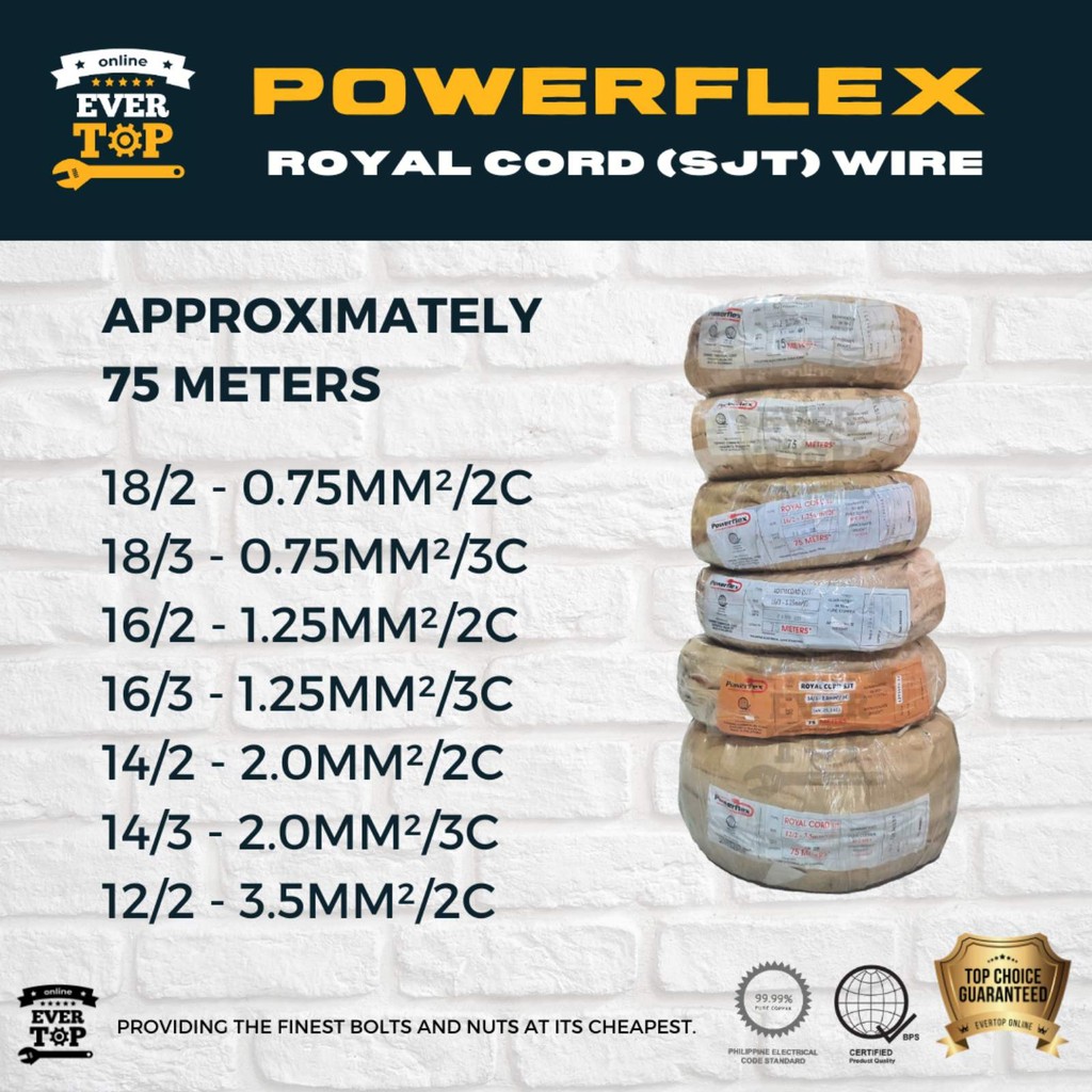 Royal Cord Powerflex Wire 75Meters 18, 16, 14, 12 2C , 3C