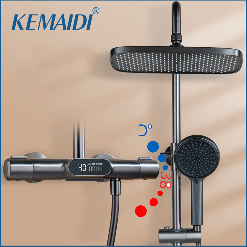 KEMAIDI Thermostatic Shower System LED Digital Display Shower Set Solid ...