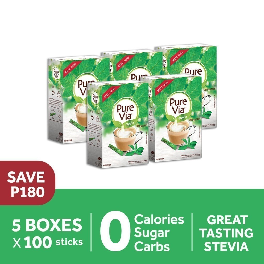 PURE VIA STEVIA 5 boxes x 100 sticks, Zero Calorie Sweetener Stevia ...
