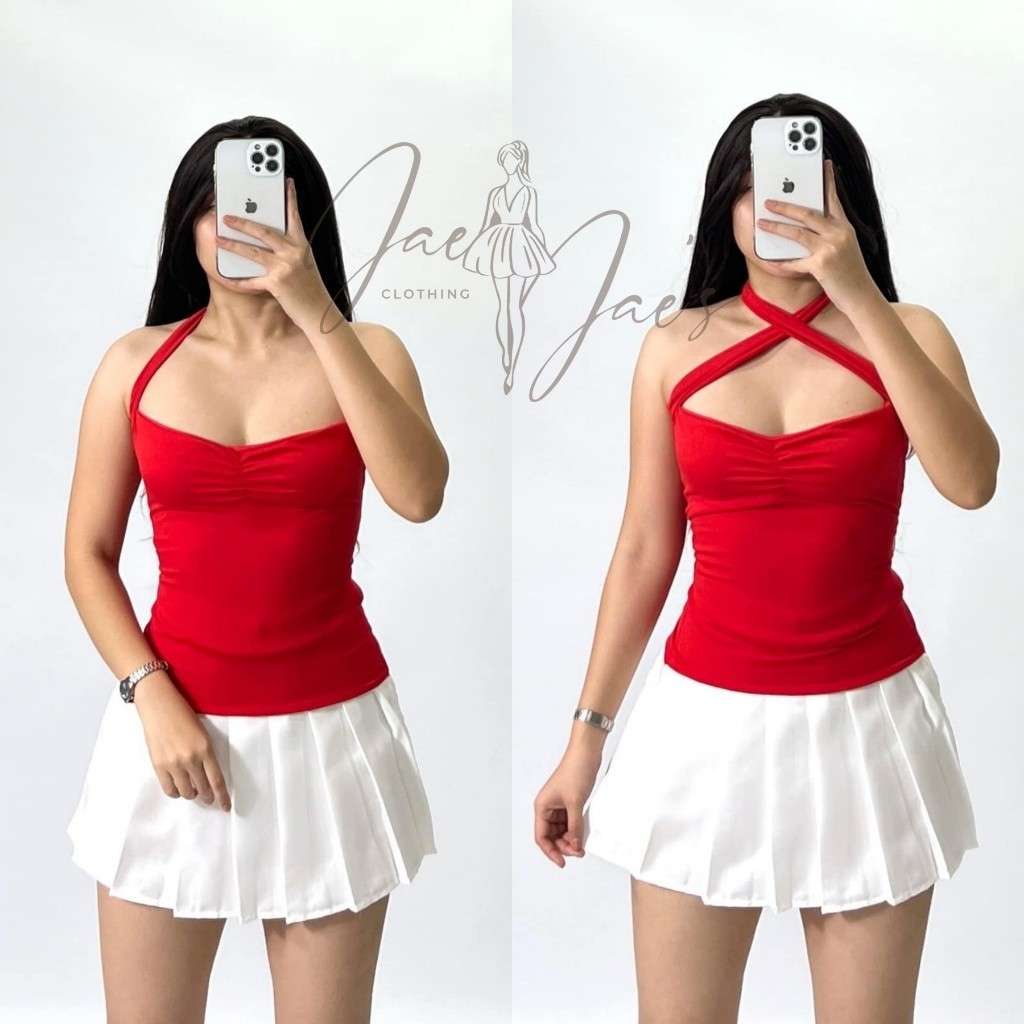 Claire Halter Neck Two-Way Double Lining Full Length Cotton Basic Top ...