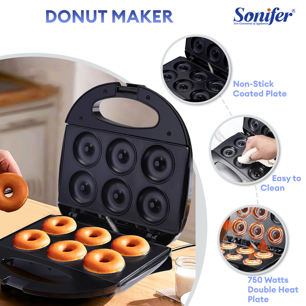 Sonifer Mini 6-Hole Donut Maker - Non-Stick Plate & Cool-Touch Shell ...