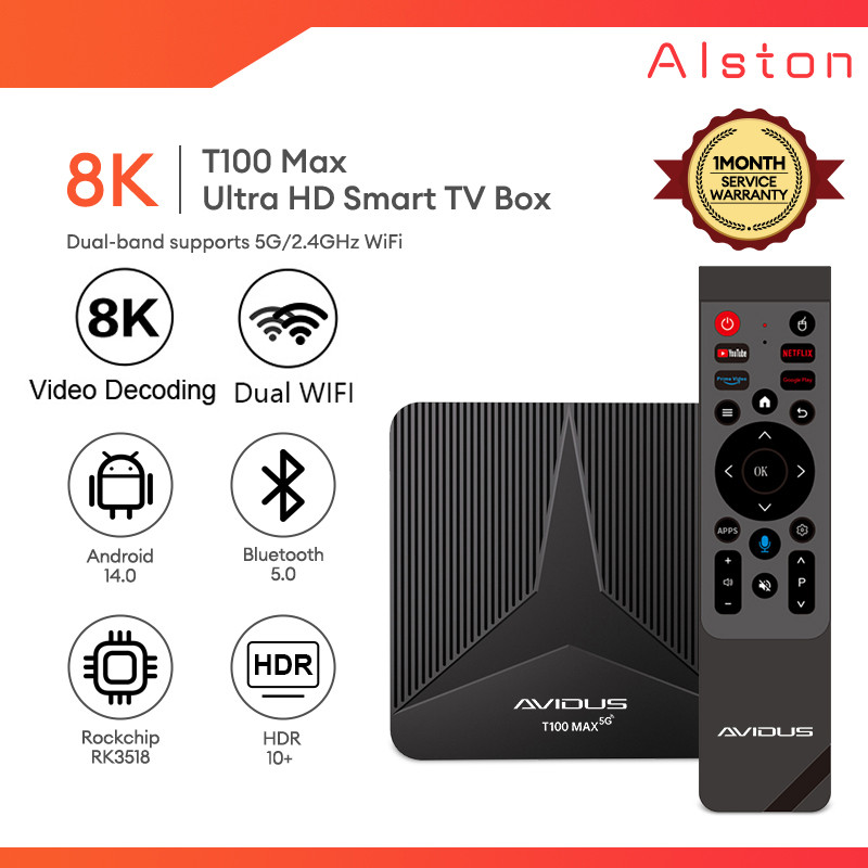 AVIDUS T100 Max Smart TV Box 8K16+256G Android 14.0 Dual-Band Wi-Fi2 ...