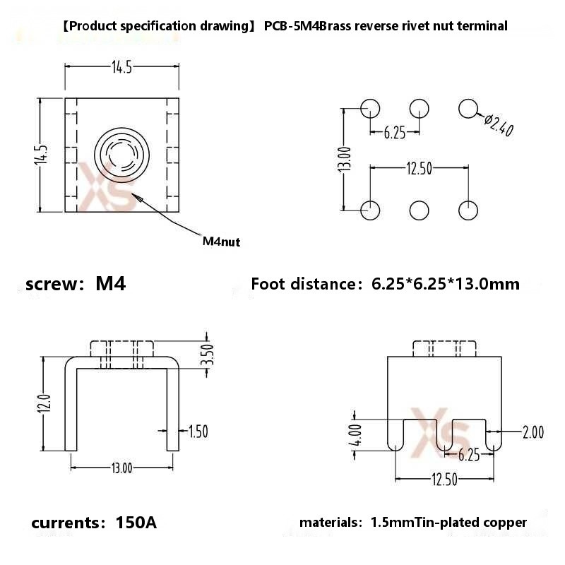 PCB-5 brass reverse rivet nut terminal, six pin power type high current ...