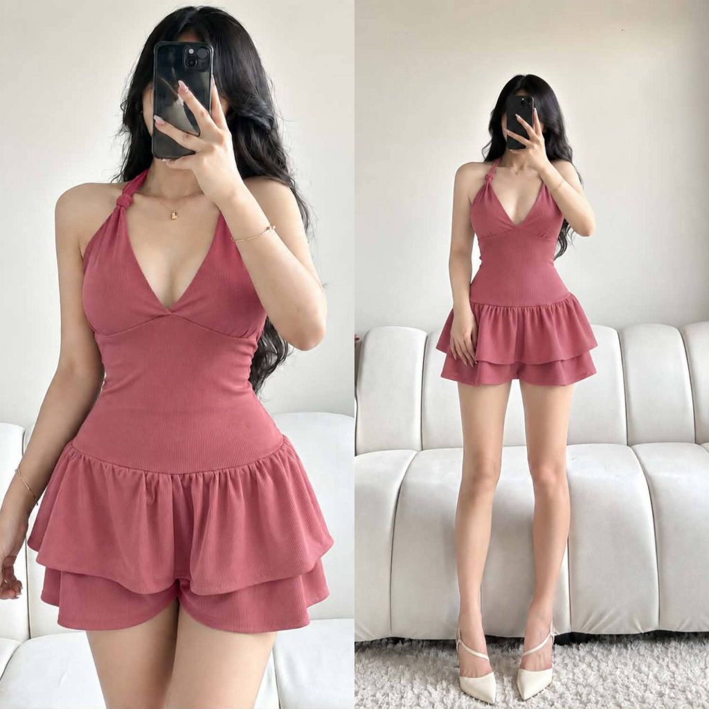Women’s Pink Halter Ruffle Shorts Dress Sleeveless Deep V Neck Casual ...