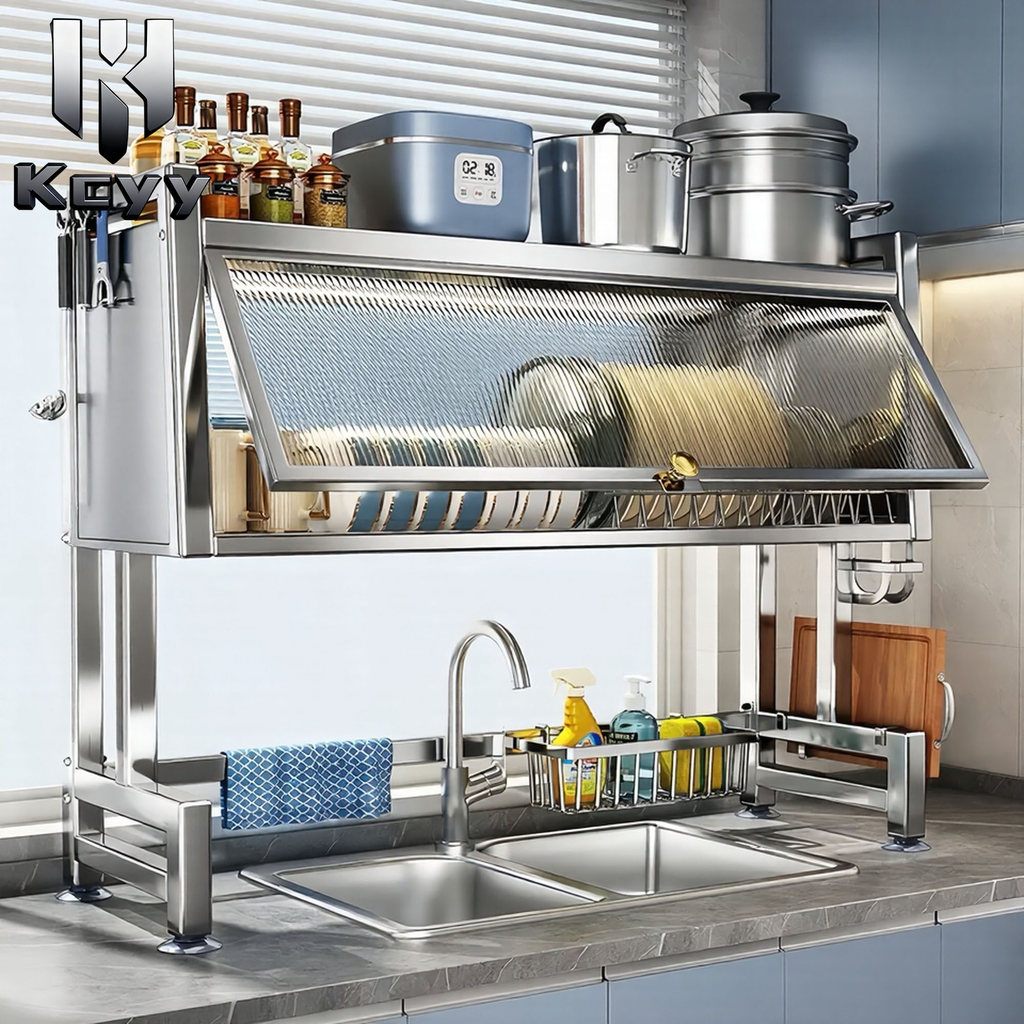 Kcyy Dish Rack Kitchen Organizer Stainless Steel Dustproof Sink Rack ...
