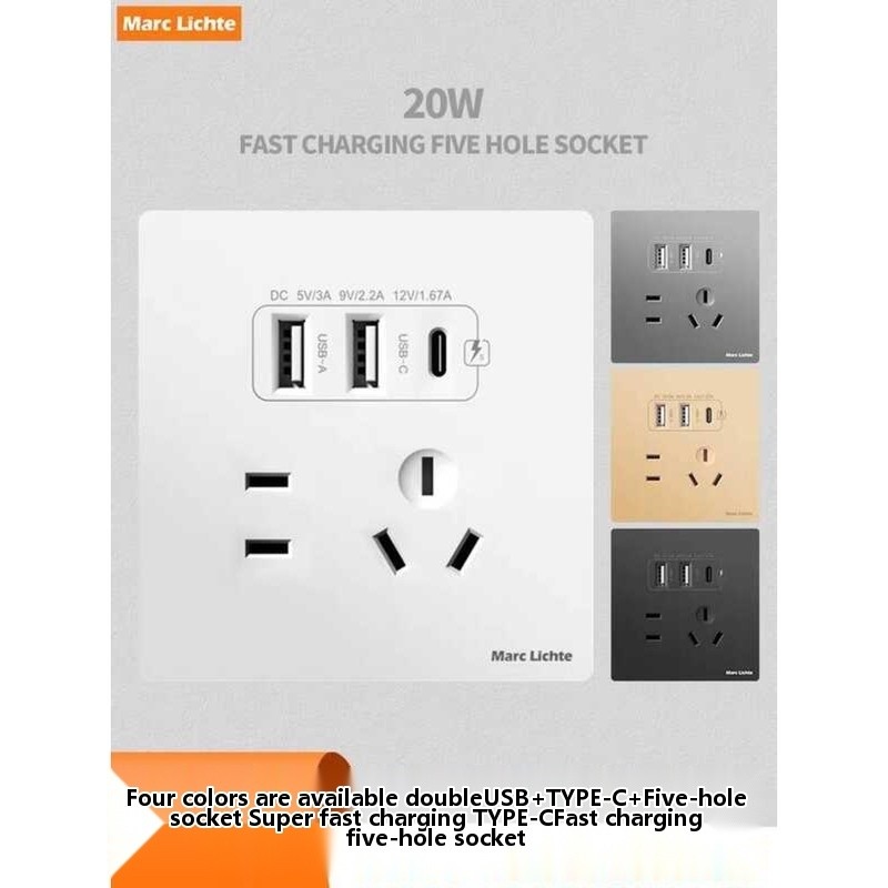 86 Type Wall Five-Hole USB Socket Panel PD TYPE-C Smart Fast Charging ...