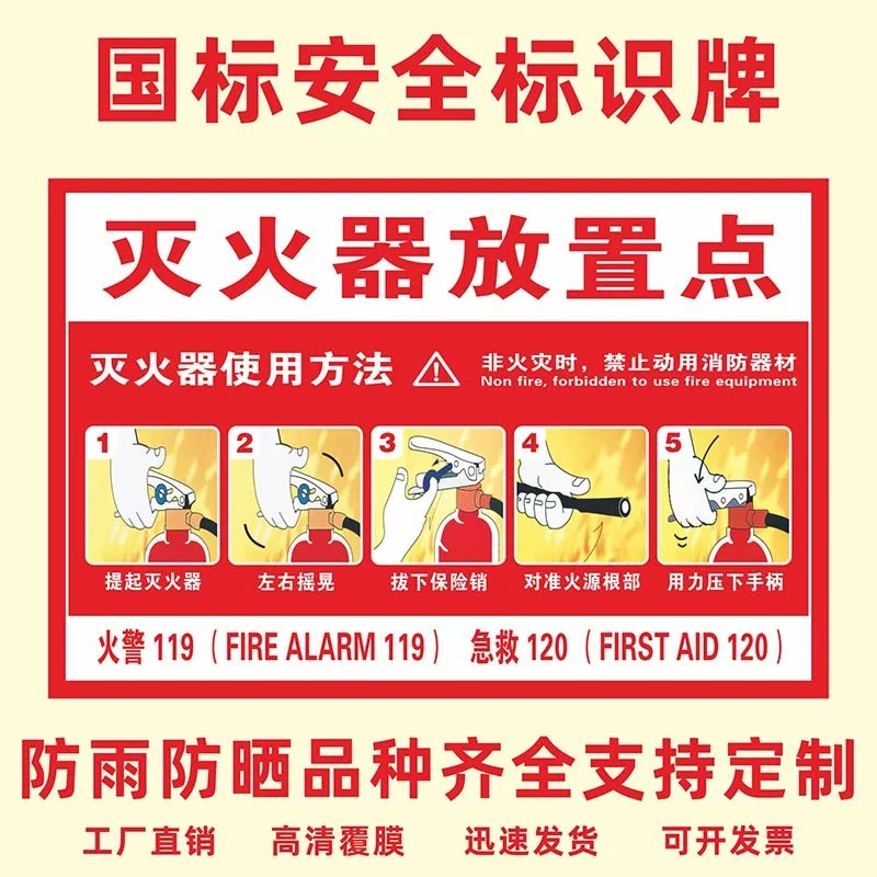 Instructions for use of fire extinguisher label stickers, placement of ...