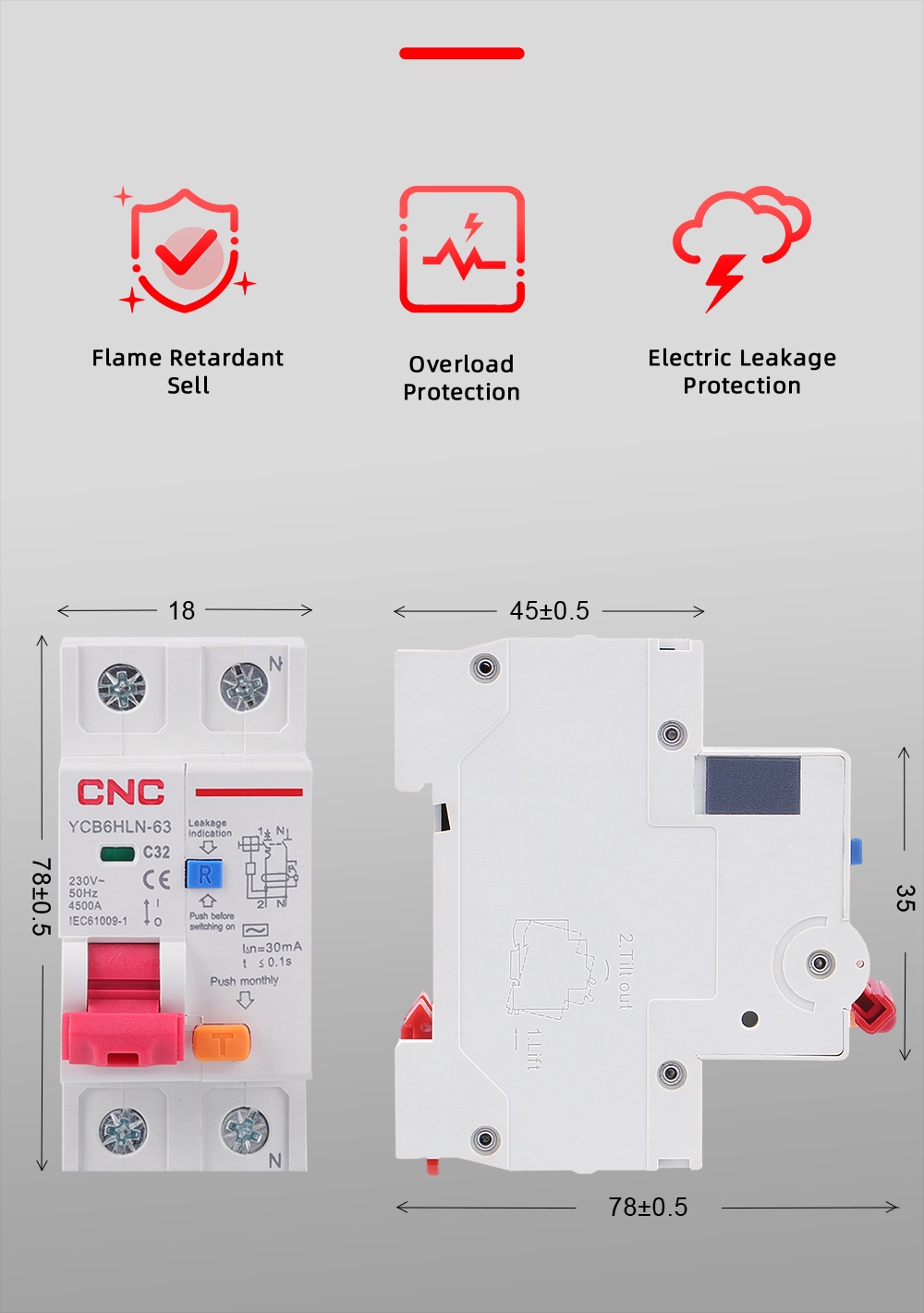 CNC 230V 50/60 HZ RCBO 6/10/16/20/25/32/40/50/63A MCB 30mA Residual ...