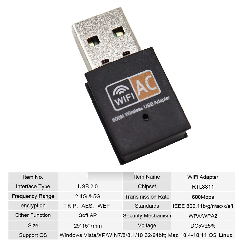 Wireless WiFi Adapter 600Mbps Dual Band 2.4G/5.G USB WiFi Dongle ...