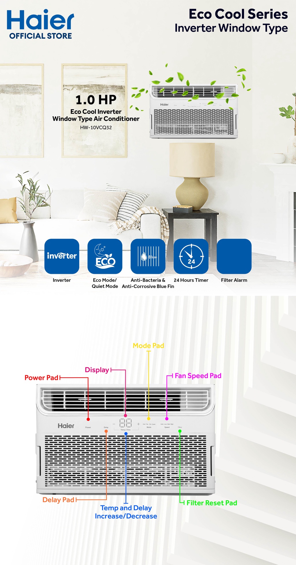 Haier HW-10VCQ32 1.0HP Eco Cool Inverter Window Type Air Conditioner ...