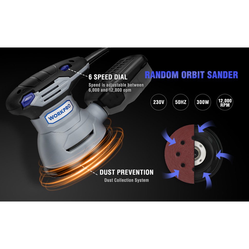 WORKPRO 300W Random Sander With Variable Speed Orbit 10pc Sandpaper ...