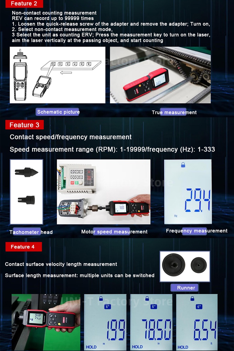 UNI-T UT372D 2-in-1 Intelligent Digital Tachometer; Contact and Non ...
