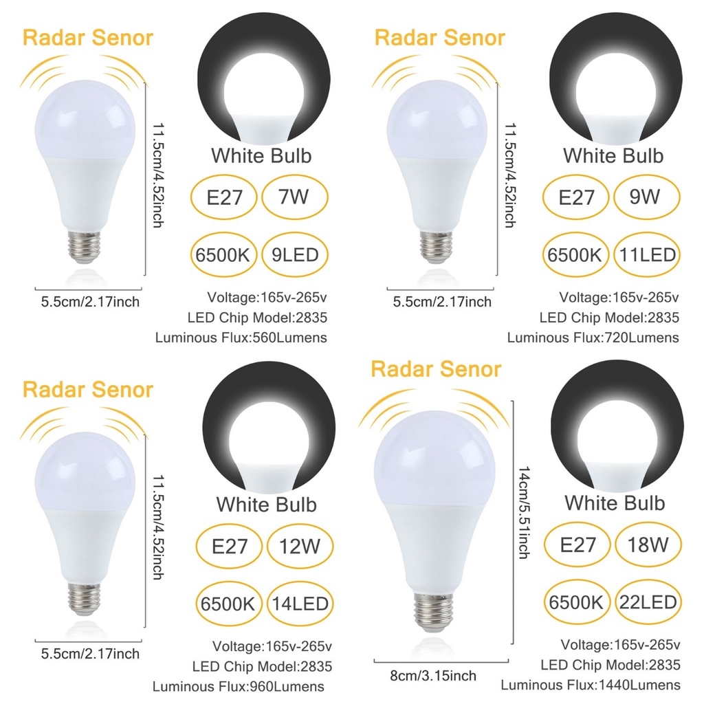 E27 7/9/12/18W Radar Sensor Motion Bulb Light For Bedroom Sensor Light ...