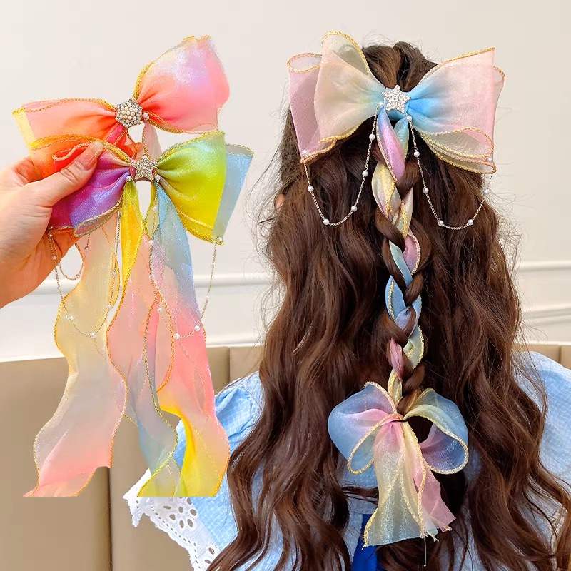 Girls' Bowknot Headdress Children's Braided Hair Rope Ribbon Streamer ...