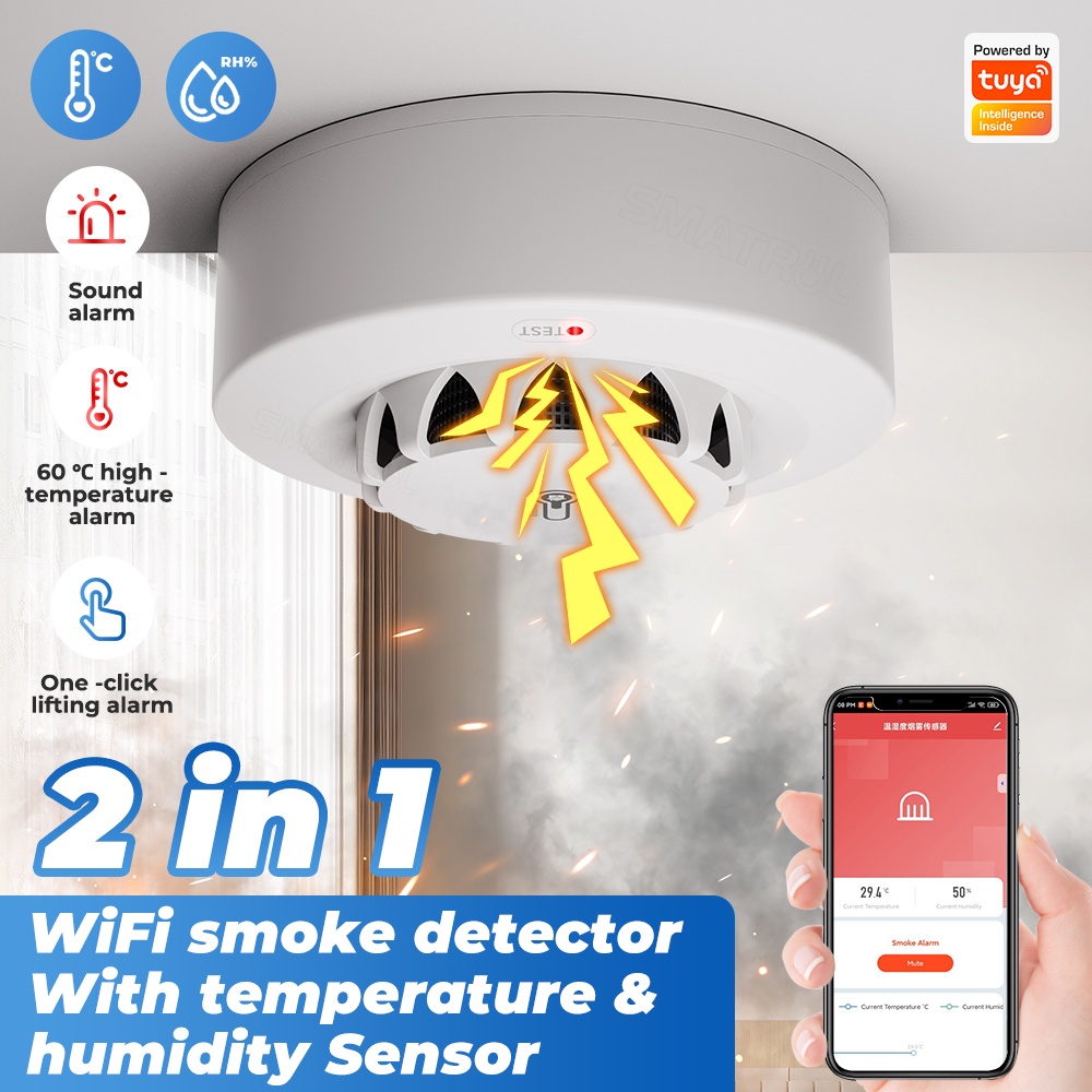 SMATRUL Tuya Wifi Smart Smoke Alarm Fire Temperature And Humidity ...