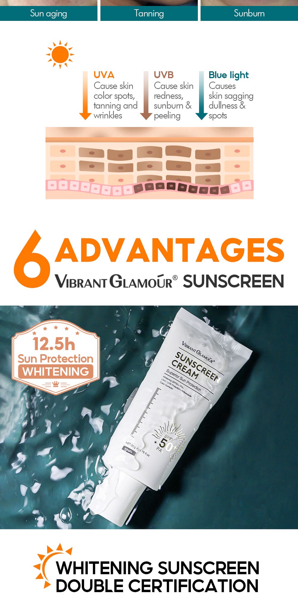VIBRANT GLAMOUR Whitening Sunscreen Cream SPF50+ UVA/UVB Skin Protect ...