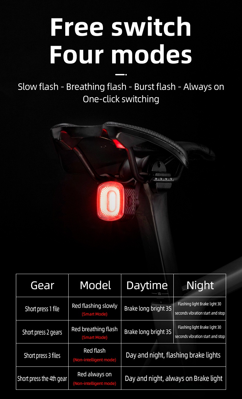 ROCKBROS Bike Tail Light - Anti-Lost Brake Sensing USB Rechargeable LED Safety Light For Night Riding