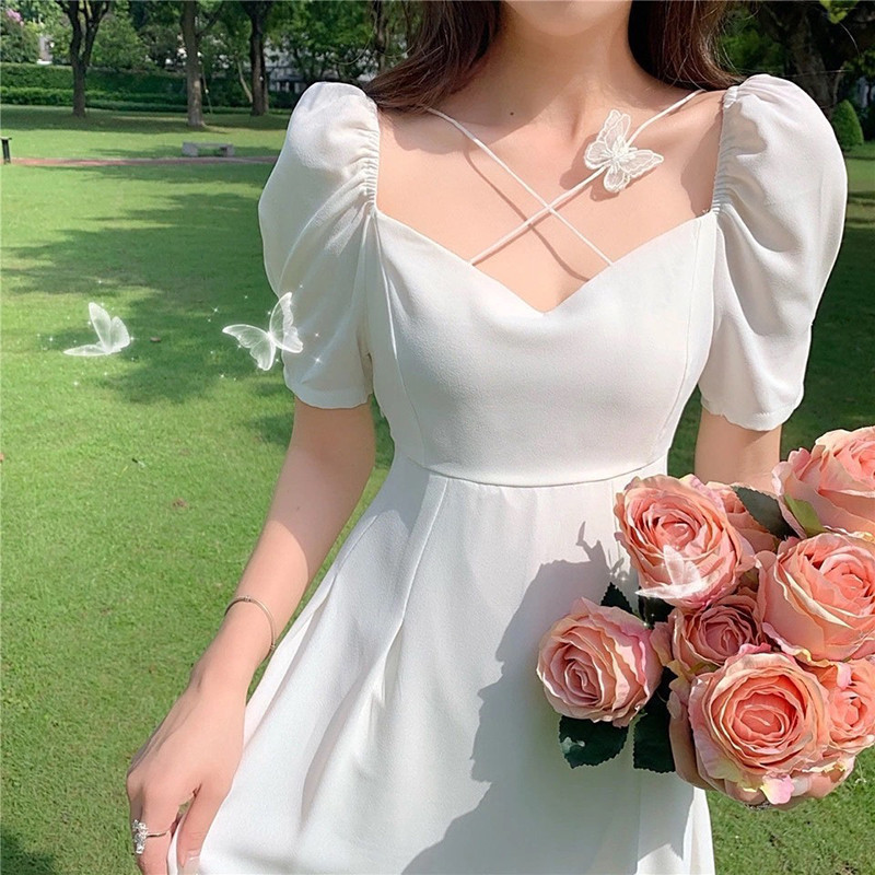korean long fitted plain white dress for woman casual formal elegant ...