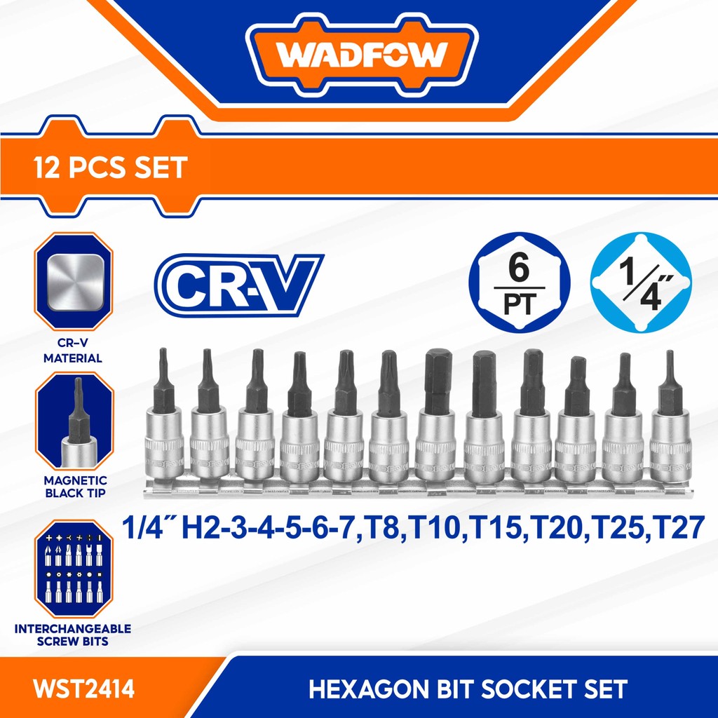 Wadfow 12pcs Cr-V steel, Chrome Plated 1/4 Inch Hexagon Bit Socket Set ...
