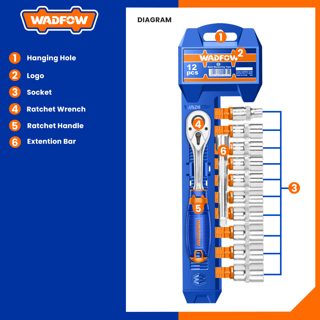 Wadfow Chromed Plated Socket Set Cr-V Steel 12pcs 1/4 Inches WST4212 ...