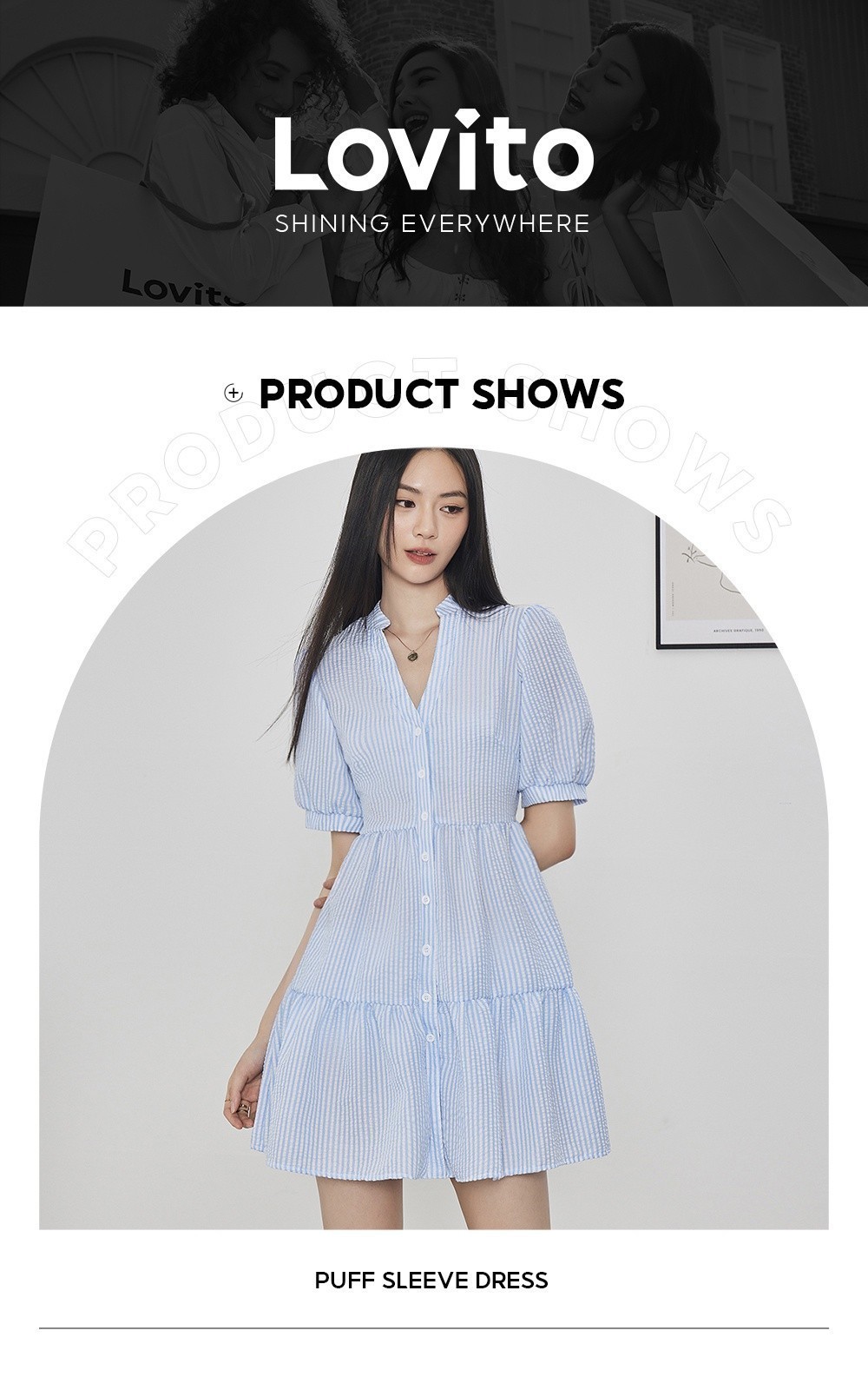 Lovito Women Casual Korean Dress Striped Ruched Puff Sleeve Thin ...